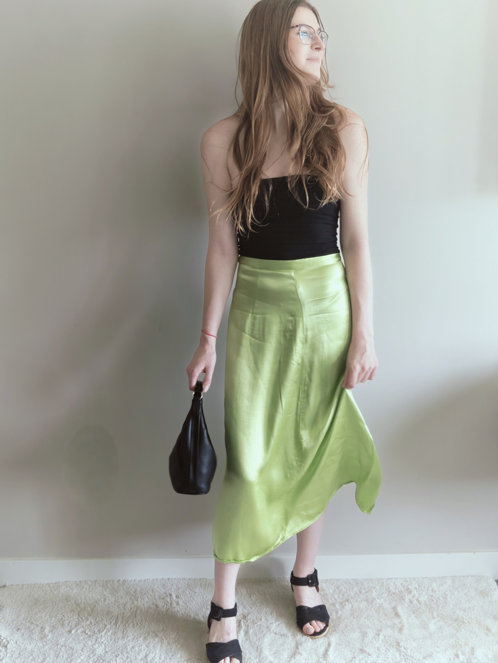 H&M Chartreuse Satin Viscose Midi Skirt | High Side Slit + Hidden Zipper | US 6